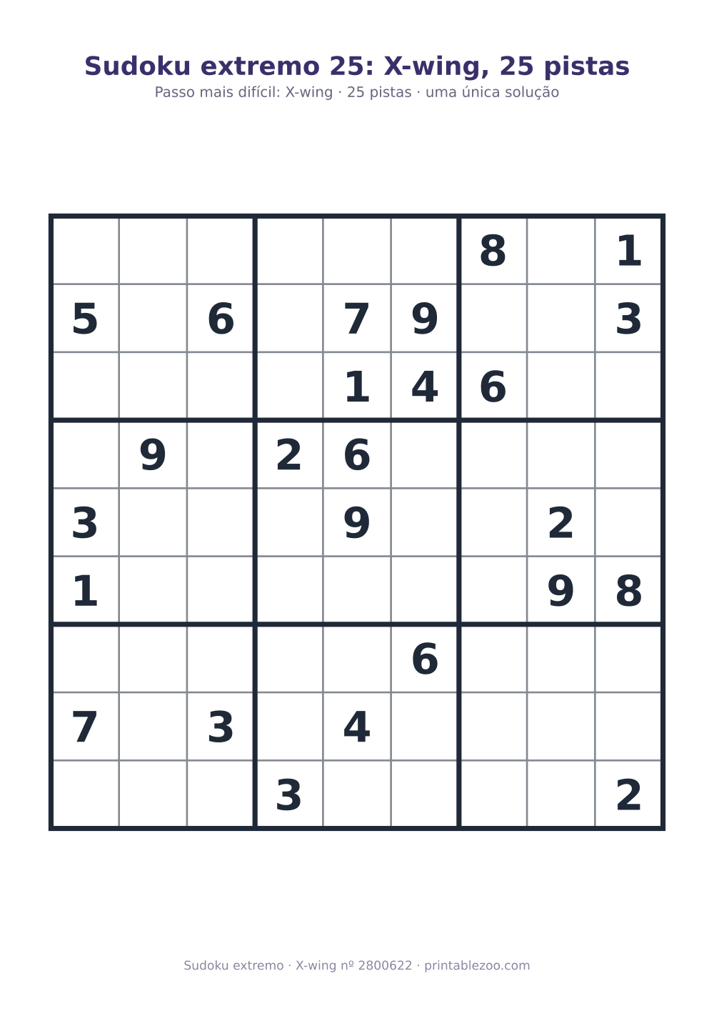Sudoku extremo para imprimir, nível X-wing, 25 pistas, desafio 2800622