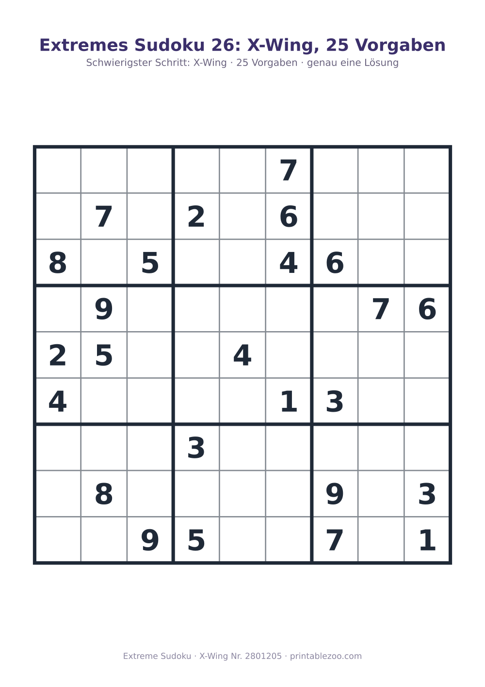 Extremes Sudoku zum Ausdrucken, Stufe X-Wing, 25 Vorgaben, Rätsel 2801205