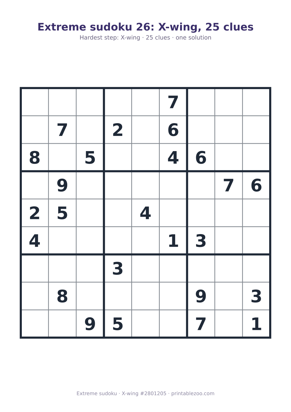 Extreme sudoku printable graded X-wing, 25 clues, puzzle 2801205