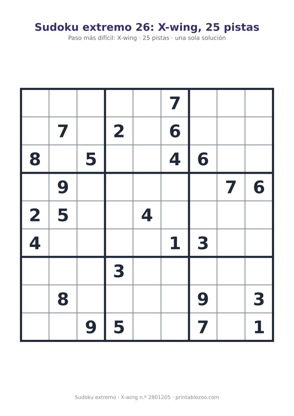 Sudoku extremo para imprimir de nivel X-wing, 25 pistas, pasatiempo 2801205