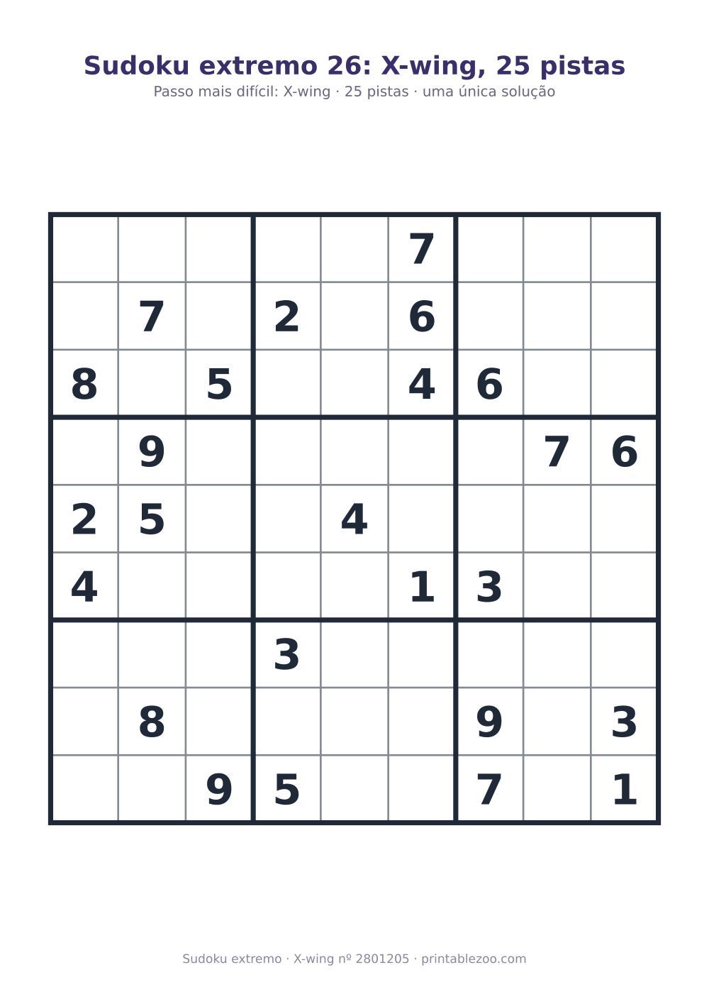 Sudoku extremo para imprimir, nível X-wing, 25 pistas, desafio 2801205