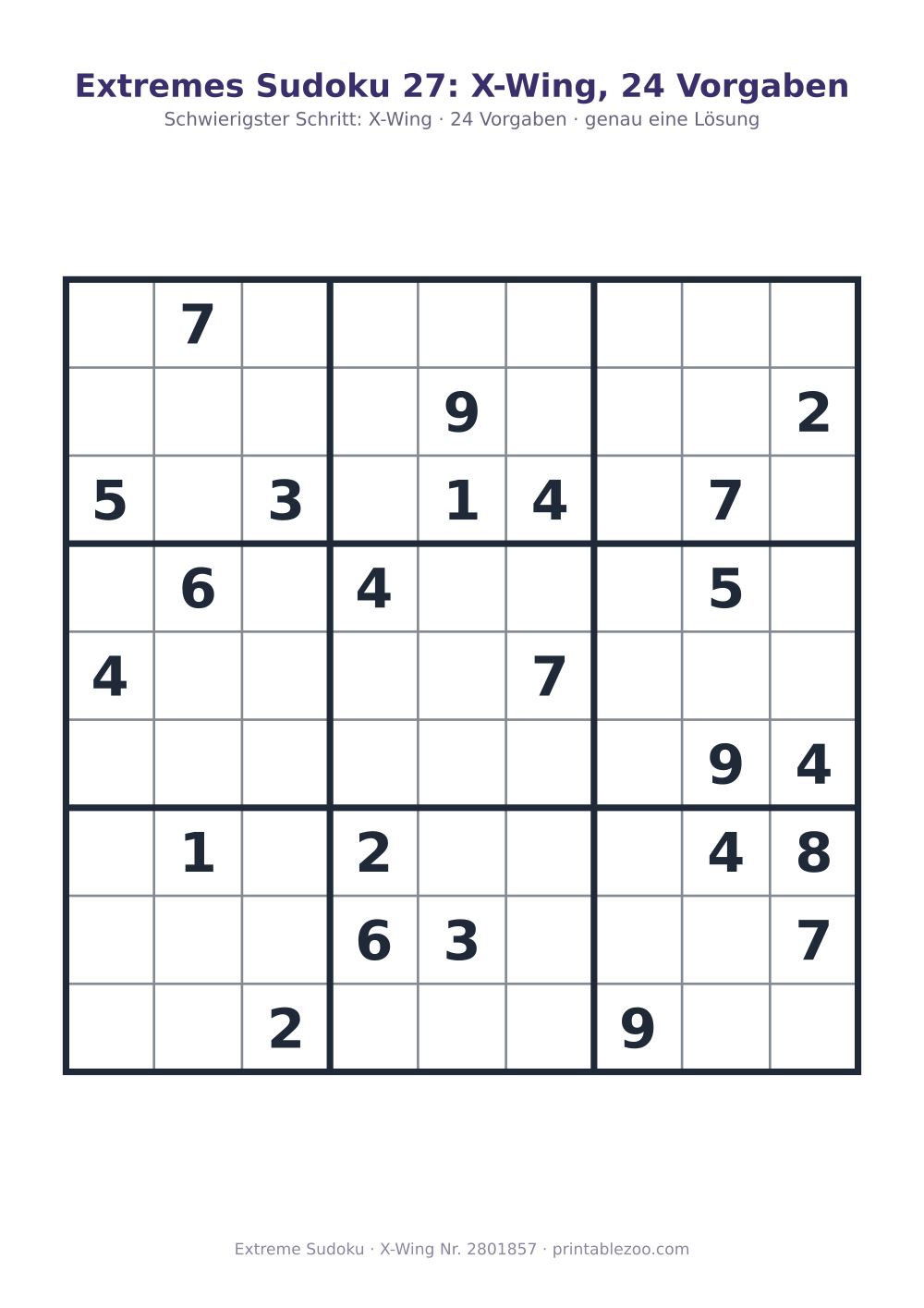 Extremes Sudoku zum Ausdrucken, Stufe X-Wing, 24 Vorgaben, Rätsel 2801857