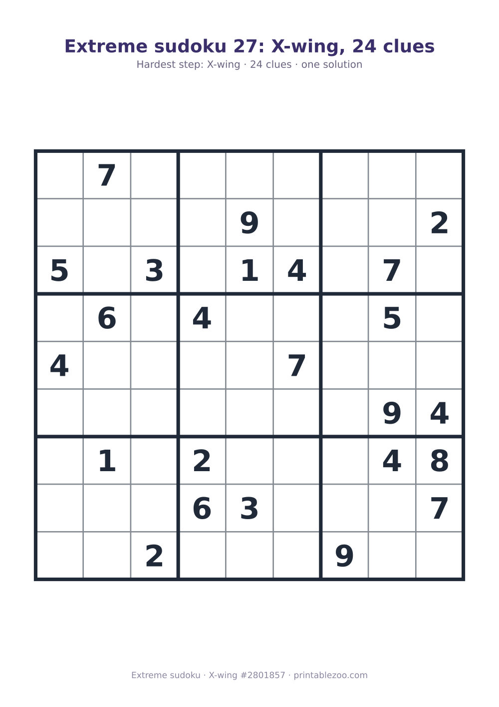 Extreme sudoku printable graded X-wing, 24 clues, puzzle 2801857
