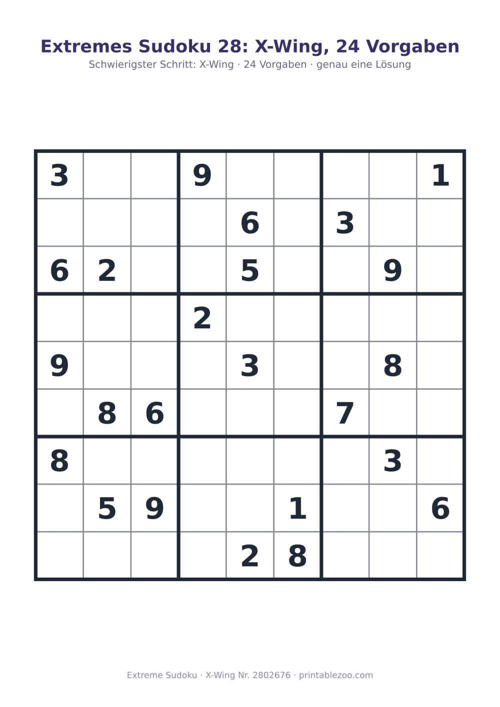 Extremes Sudoku zum Ausdrucken, Stufe X-Wing, 24 Vorgaben, Rätsel 2802676