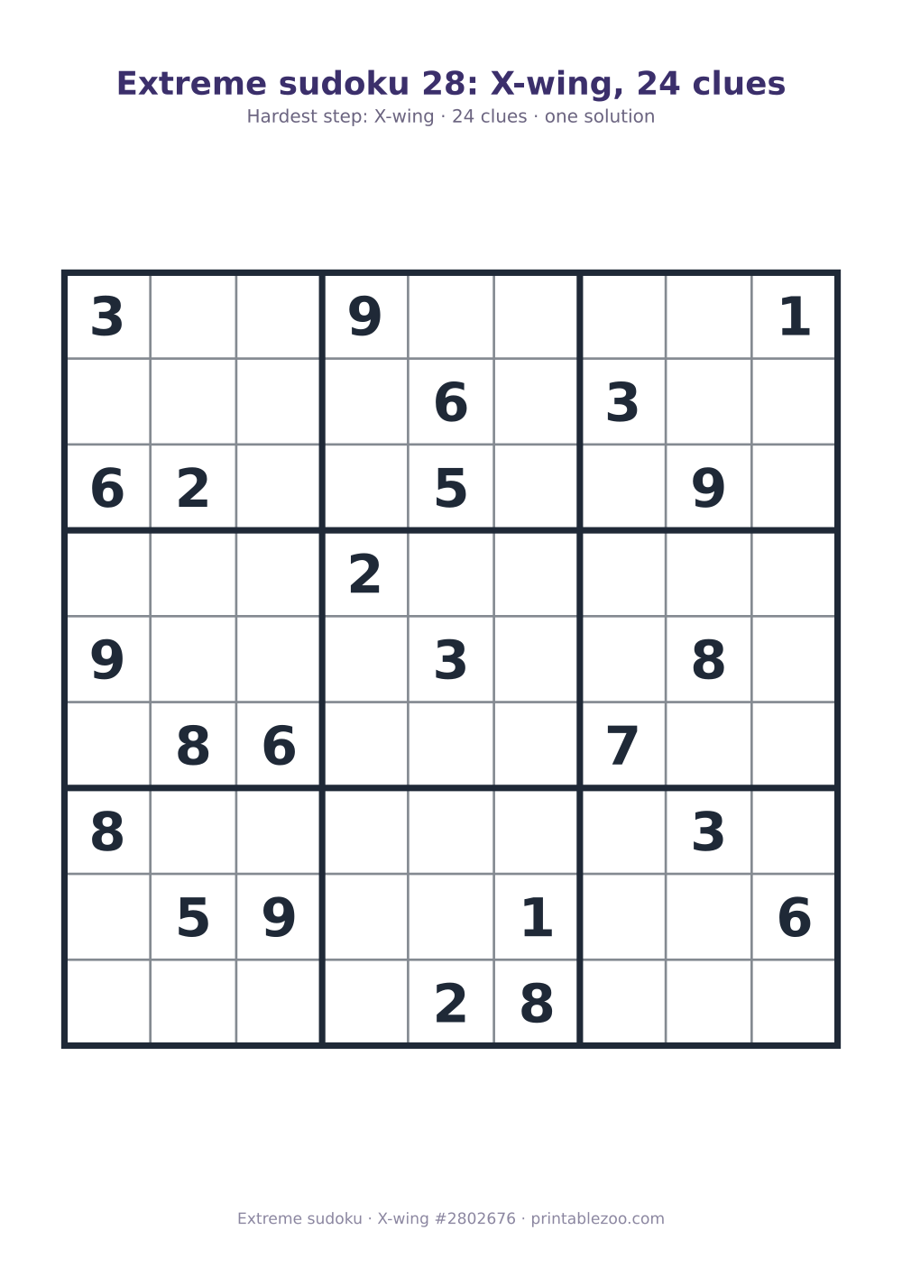 Extreme sudoku printable graded X-wing, 24 clues, puzzle 2802676