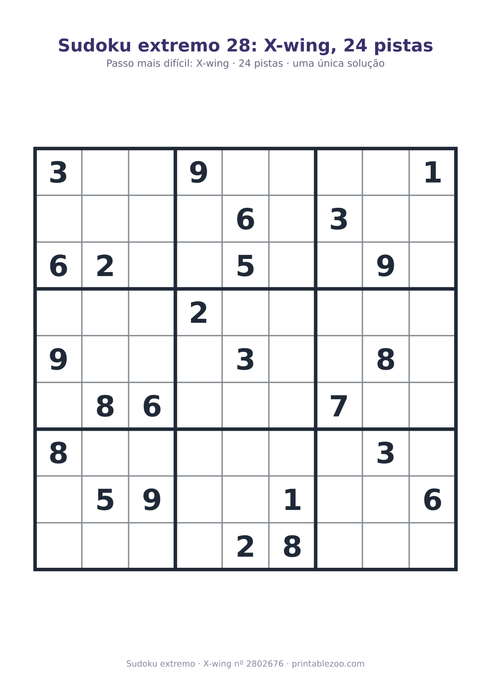 Sudoku extremo para imprimir, nível X-wing, 24 pistas, desafio 2802676