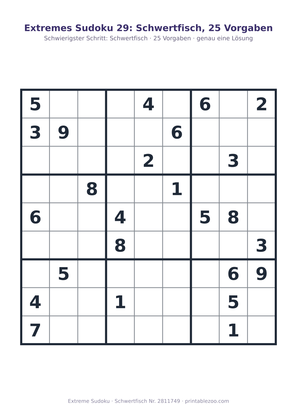Extremes Sudoku zum Ausdrucken, Stufe Schwertfisch, 25 Vorgaben, Rätsel 2811749