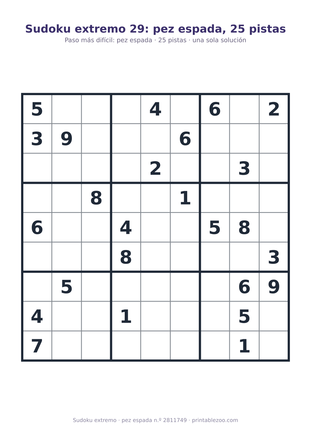 Sudoku extremo para imprimir de nivel pez espada, 25 pistas, pasatiempo 2811749