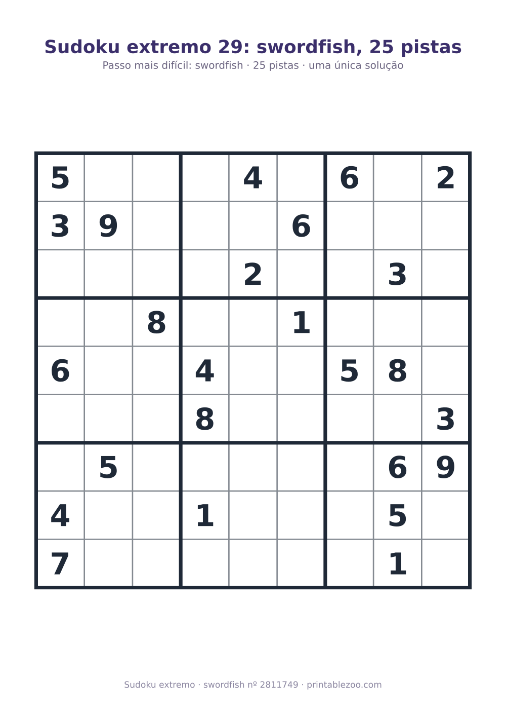 Sudoku extremo para imprimir, nível swordfish, 25 pistas, desafio 2811749