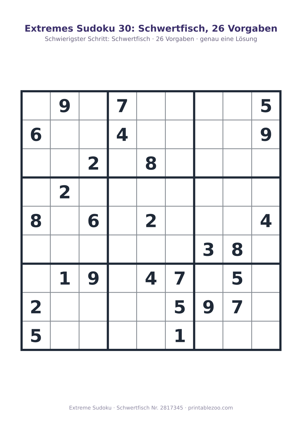 Extremes Sudoku zum Ausdrucken, Stufe Schwertfisch, 26 Vorgaben, Rätsel 2817345