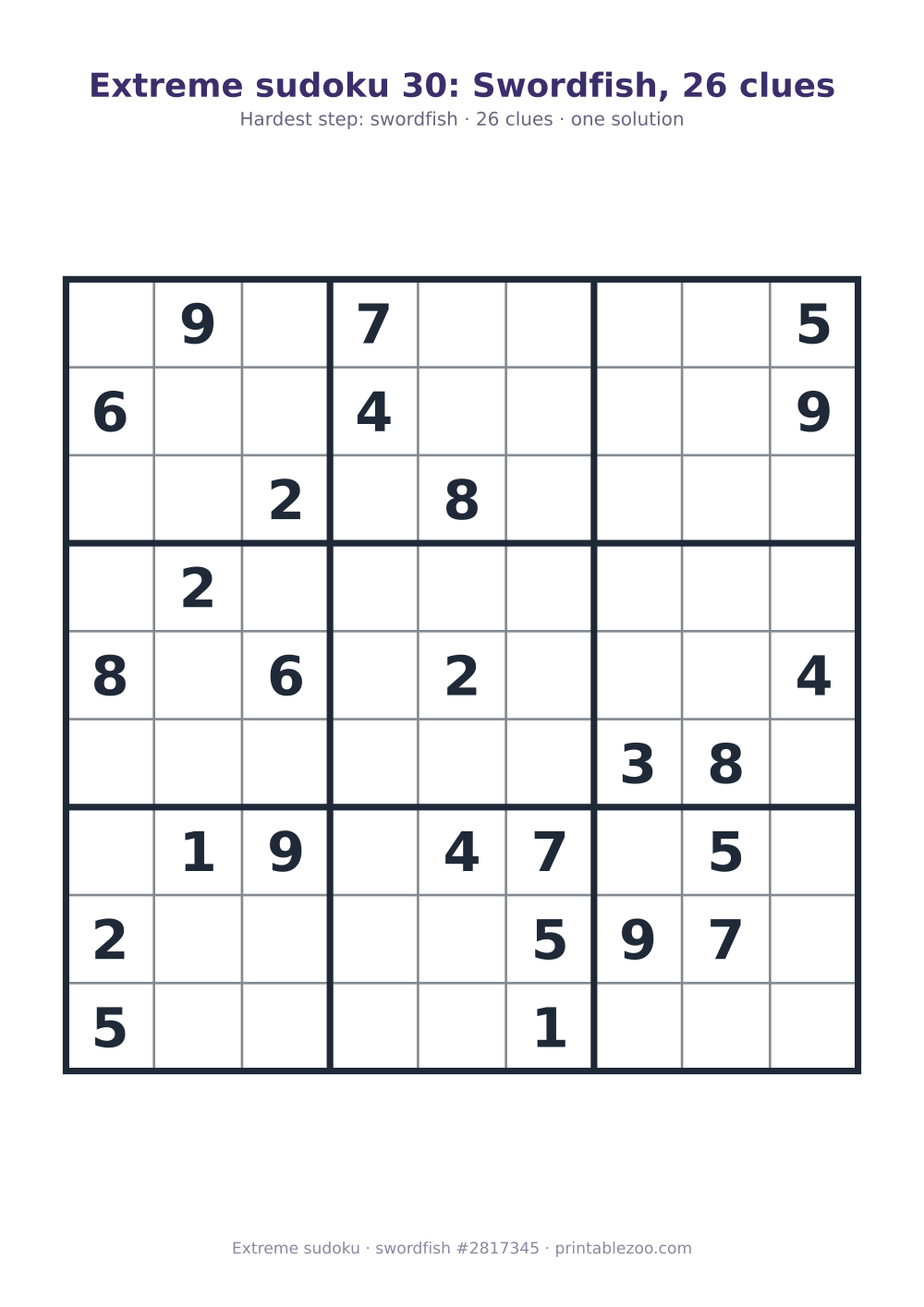 Extreme sudoku printable graded swordfish, 26 clues, puzzle 2817345