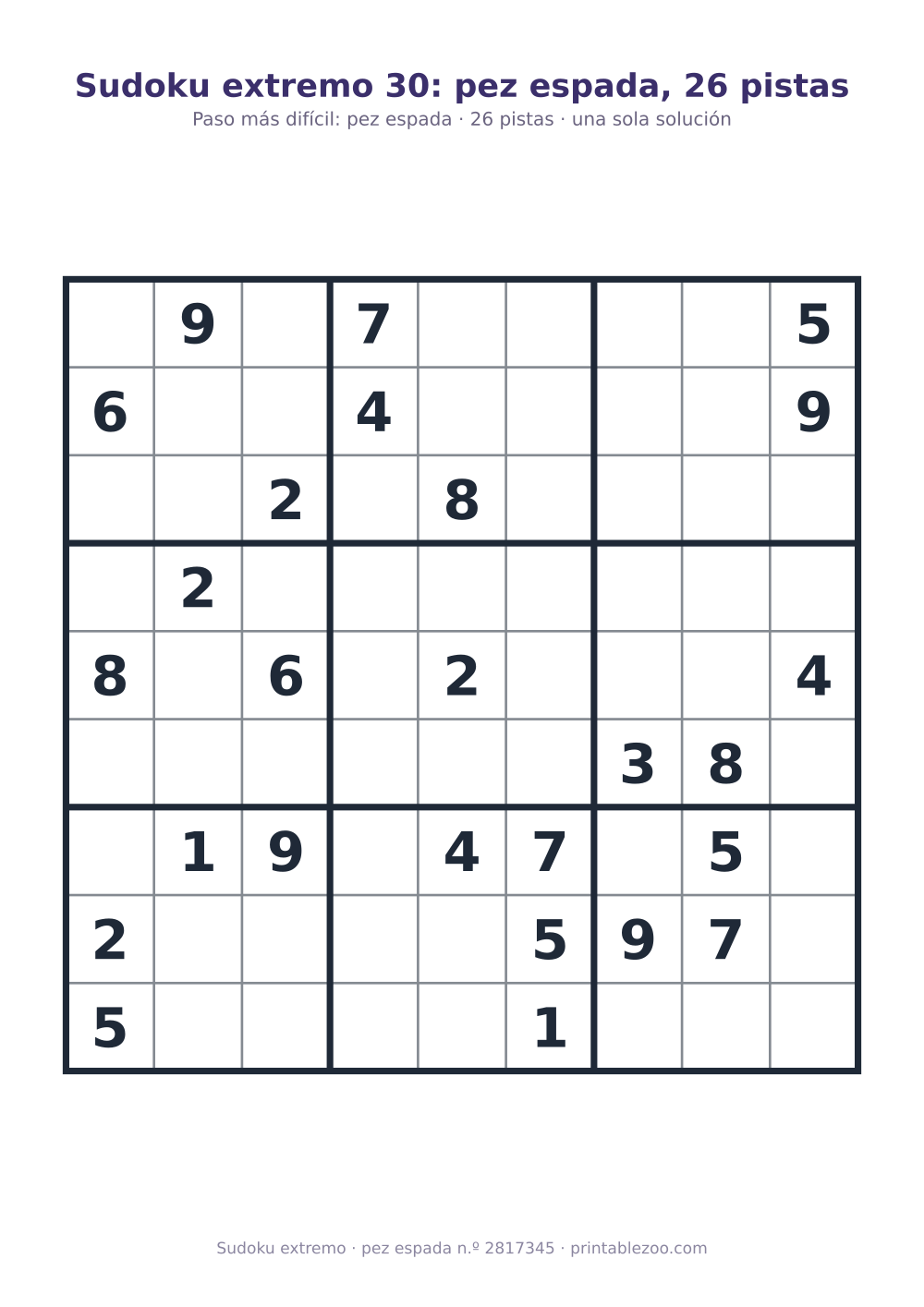 Sudoku extremo para imprimir de nivel pez espada, 26 pistas, pasatiempo 2817345