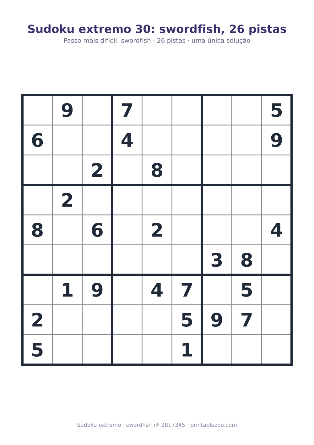 Sudoku extremo para imprimir, nível swordfish, 26 pistas, desafio 2817345