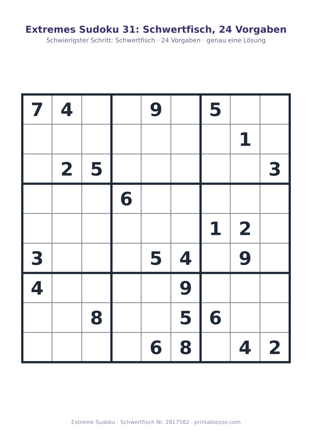 Extremes Sudoku zum Ausdrucken, Stufe Schwertfisch, 24 Vorgaben, Rätsel 2817582