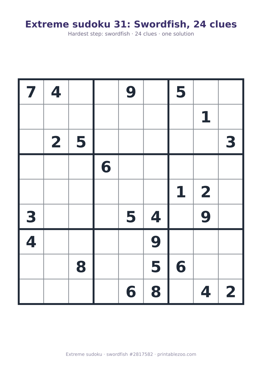 Extreme sudoku printable graded swordfish, 24 clues, puzzle 2817582