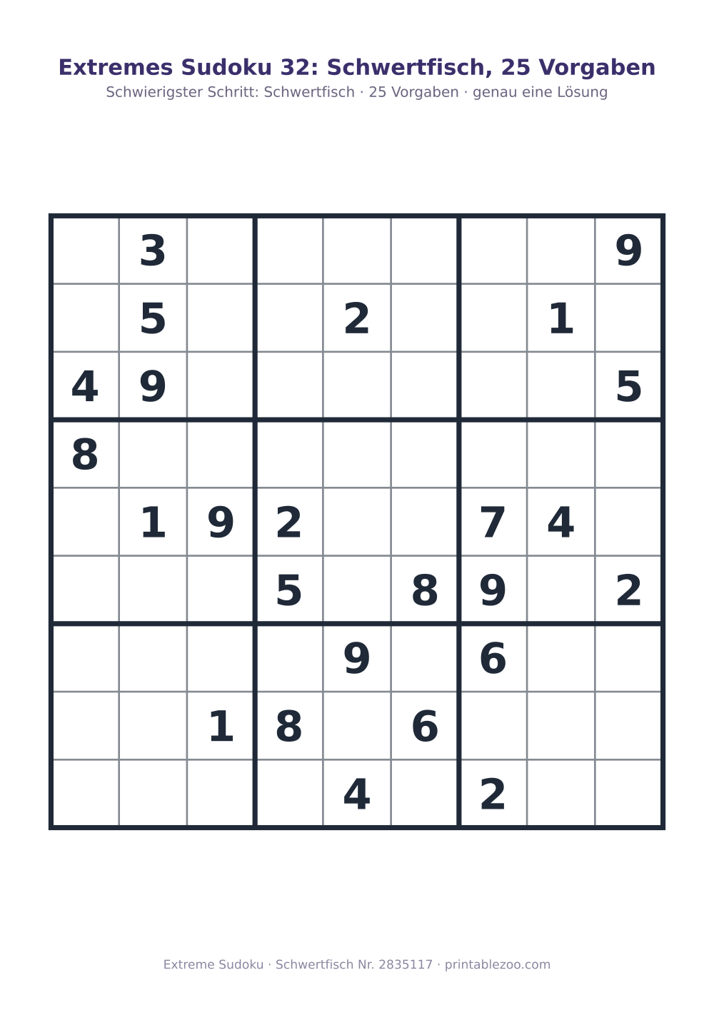 Extremes Sudoku zum Ausdrucken, Stufe Schwertfisch, 25 Vorgaben, Rätsel 2835117