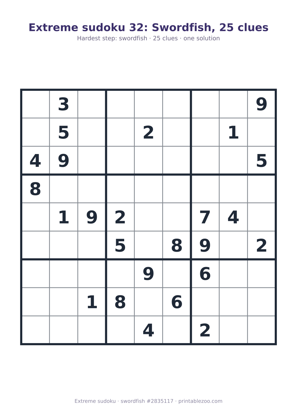 Extreme sudoku printable graded swordfish, 25 clues, puzzle 2835117