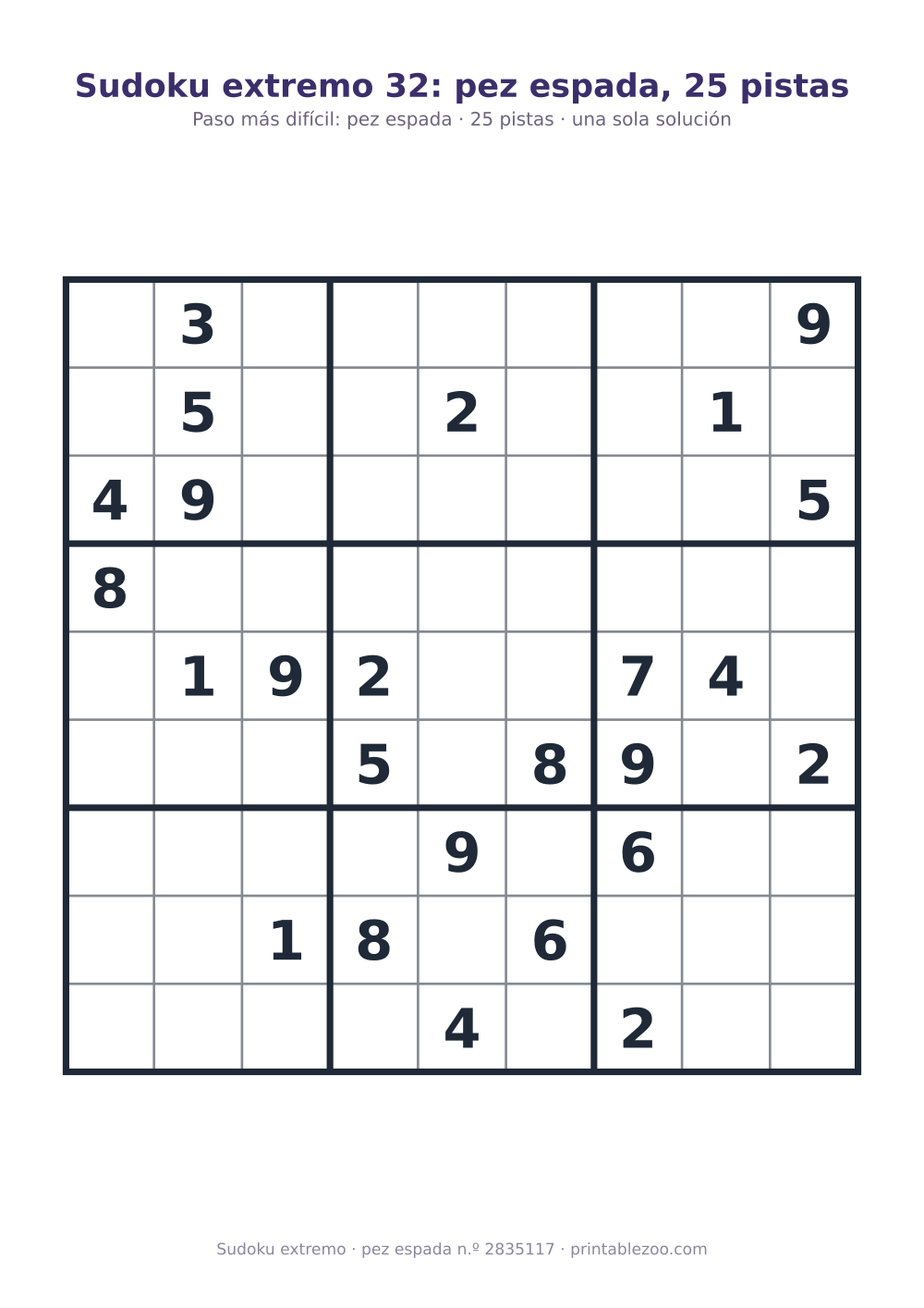 Sudoku extremo para imprimir de nivel pez espada, 25 pistas, pasatiempo 2835117