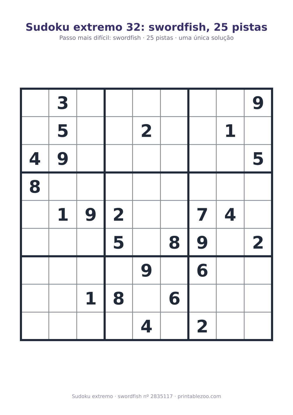 Sudoku extremo para imprimir, nível swordfish, 25 pistas, desafio 2835117
