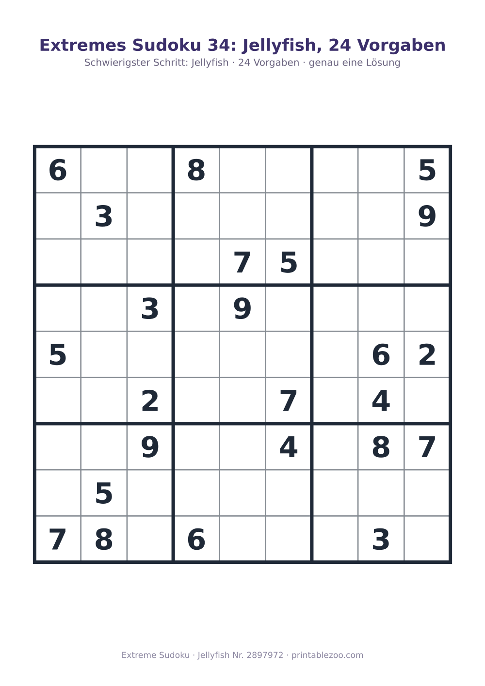 Extremes Sudoku zum Ausdrucken, Stufe Jellyfish, 24 Vorgaben, Rätsel 2897972