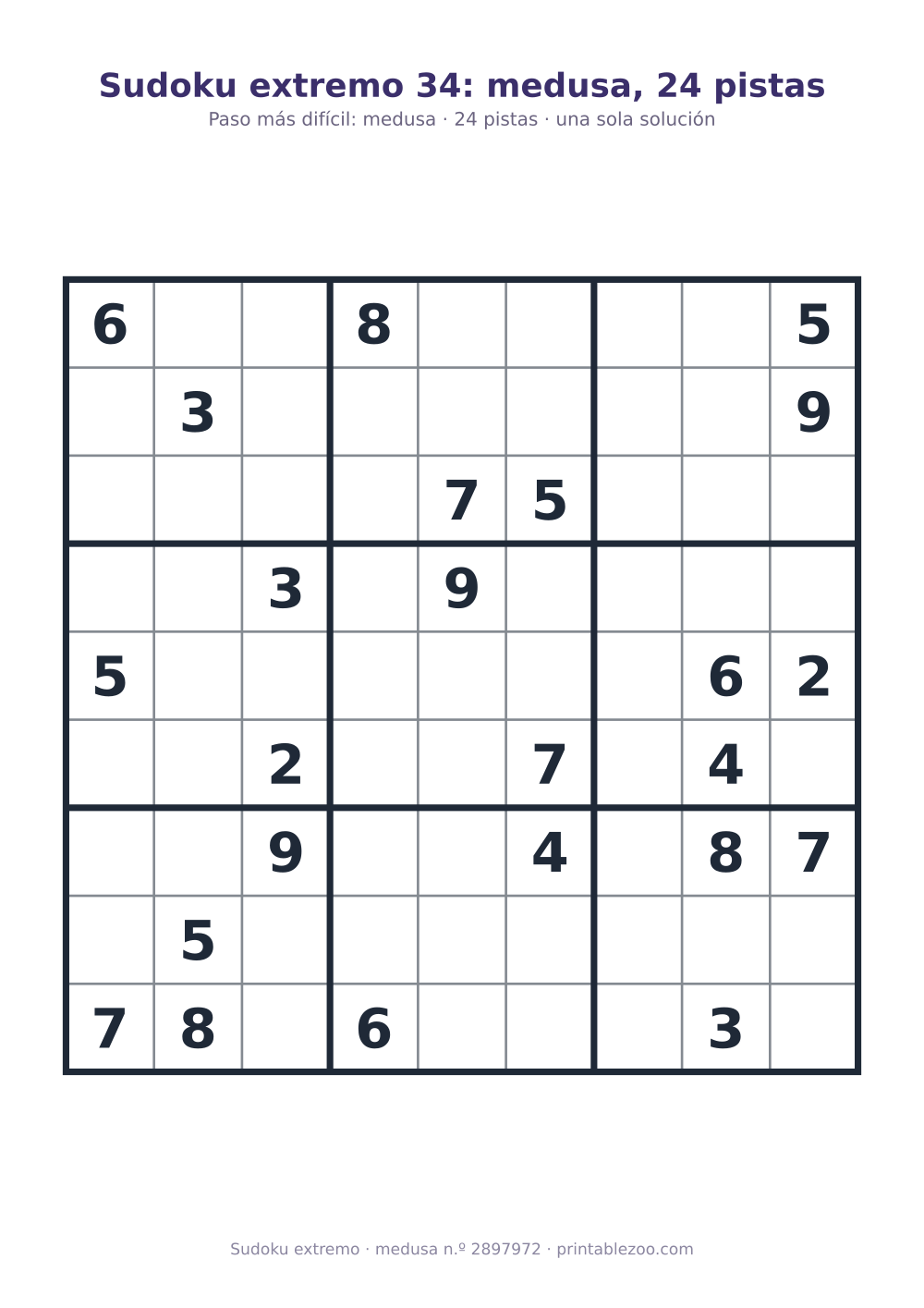 Sudoku extremo para imprimir de nivel medusa, 24 pistas, pasatiempo 2897972