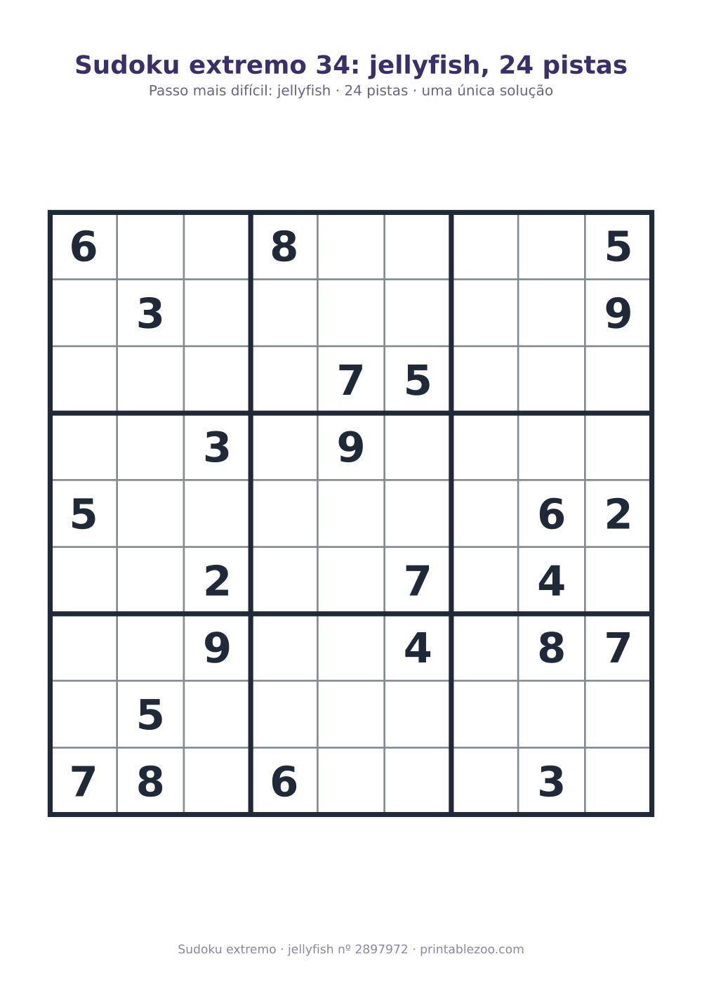Sudoku extremo para imprimir, nível jellyfish, 24 pistas, desafio 2897972