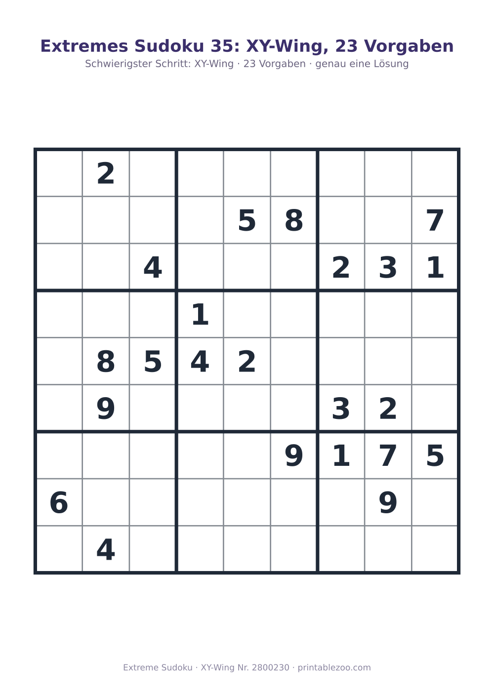 Extremes Sudoku zum Ausdrucken, Stufe XY-Wing, 23 Vorgaben, Rätsel 2800230