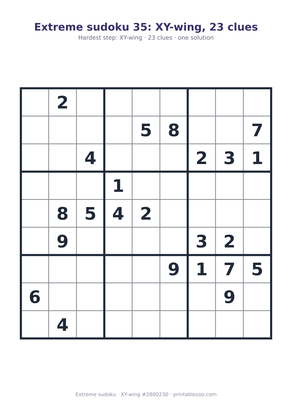 Extreme sudoku printable graded XY-wing, 23 clues, puzzle 2800230