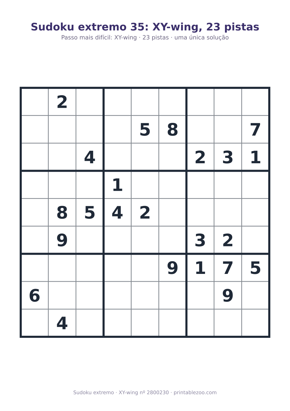 Sudoku extremo para imprimir, nível XY-wing, 23 pistas, desafio 2800230