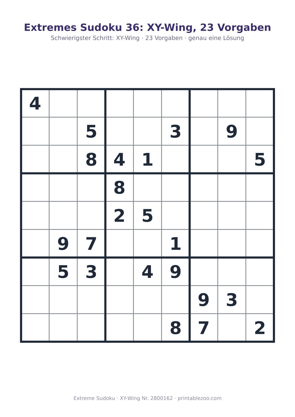 Extremes Sudoku zum Ausdrucken, Stufe XY-Wing, 23 Vorgaben, Rätsel 2800162