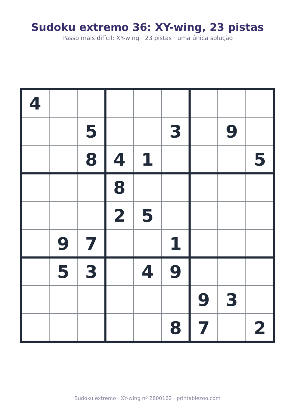 Sudoku extremo para imprimir, nível XY-wing, 23 pistas, desafio 2800162