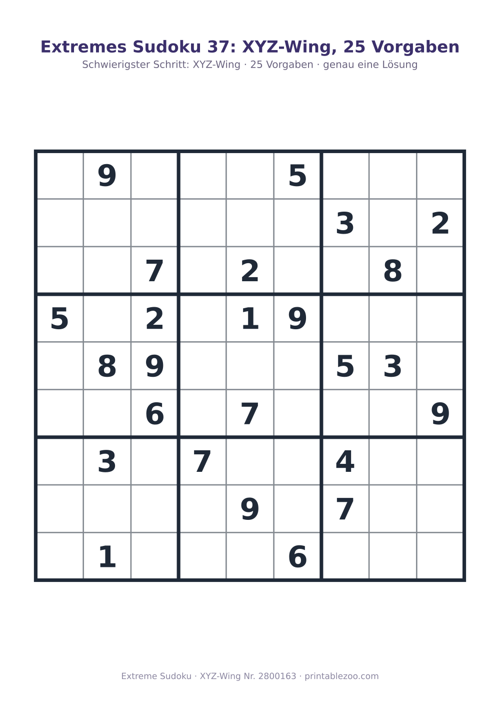 Extremes Sudoku zum Ausdrucken, Stufe XYZ-Wing, 25 Vorgaben, Rätsel 2800163