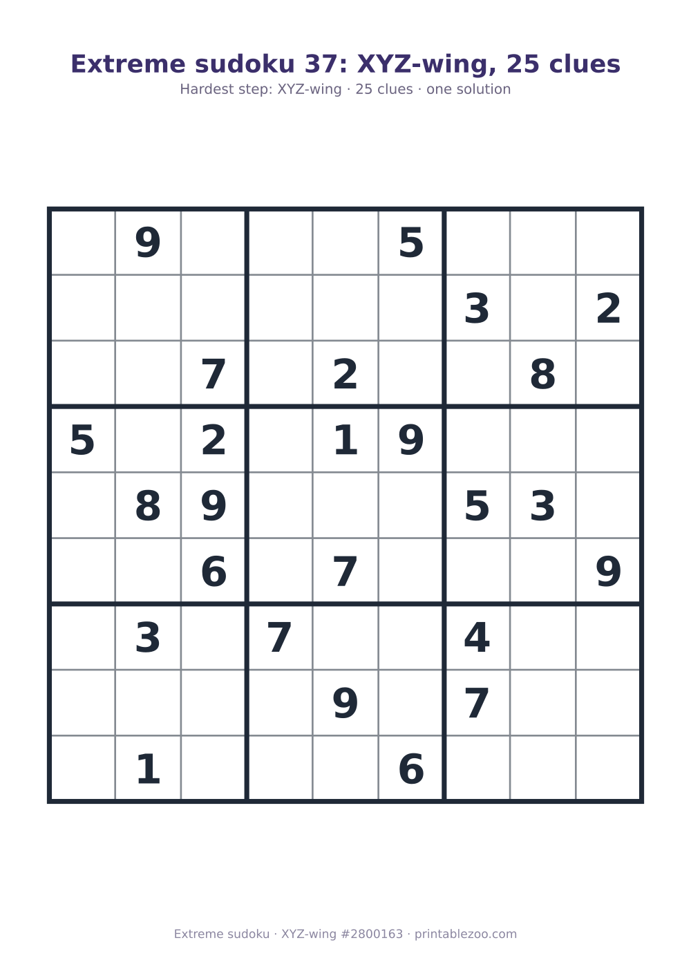 Extreme sudoku printable graded XYZ-wing, 25 clues, puzzle 2800163