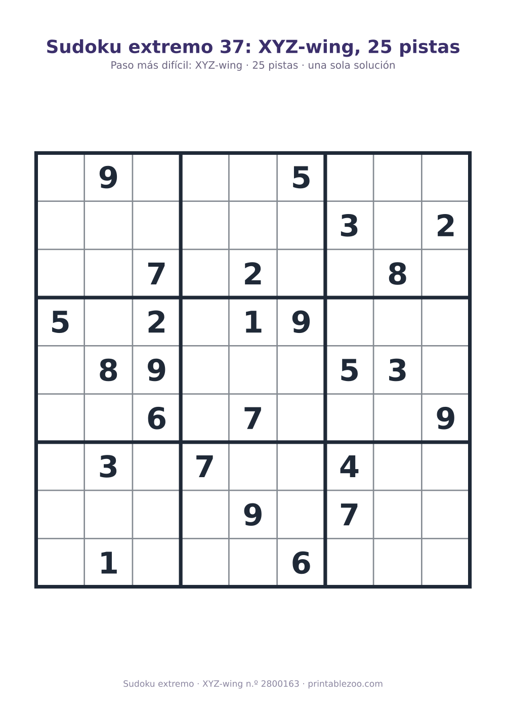 Sudoku extremo para imprimir de nivel XYZ-wing, 25 pistas, pasatiempo 2800163