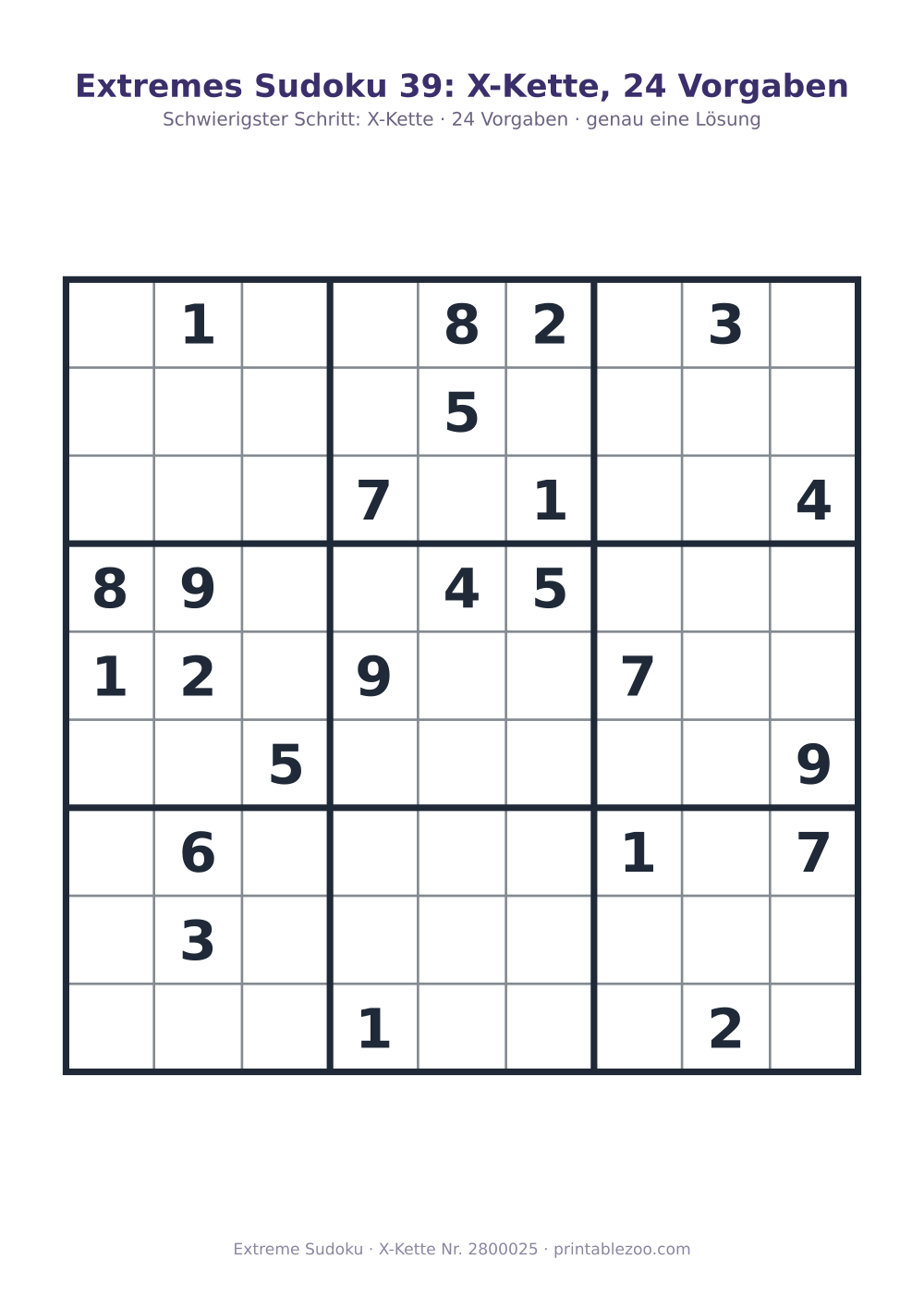 Extremes Sudoku zum Ausdrucken, Stufe X-Kette, 24 Vorgaben, Rätsel 2800025