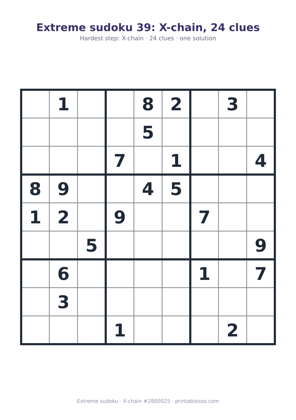Extreme sudoku printable graded X-chain, 24 clues, puzzle 2800025