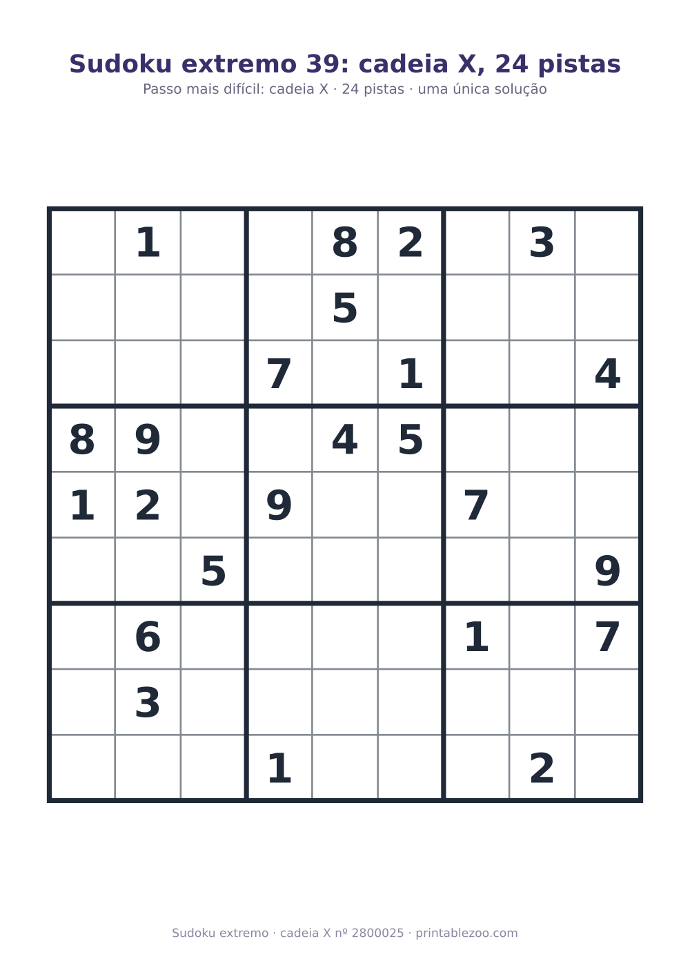 Sudoku extremo para imprimir, nível cadeia X, 24 pistas, desafio 2800025