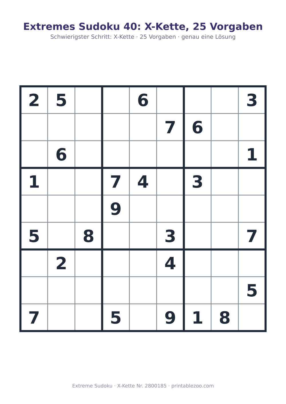 Extremes Sudoku zum Ausdrucken, Stufe X-Kette, 25 Vorgaben, Rätsel 2800185