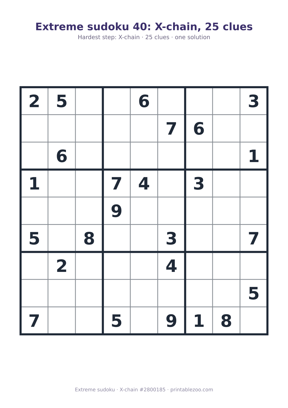 Extreme sudoku printable graded X-chain, 25 clues, puzzle 2800185
