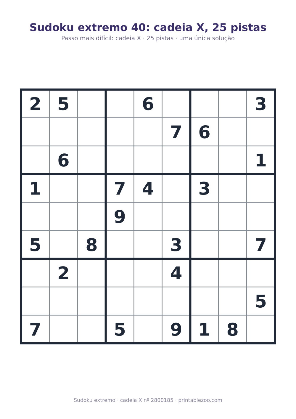 Sudoku extremo para imprimir, nível cadeia X, 25 pistas, desafio 2800185