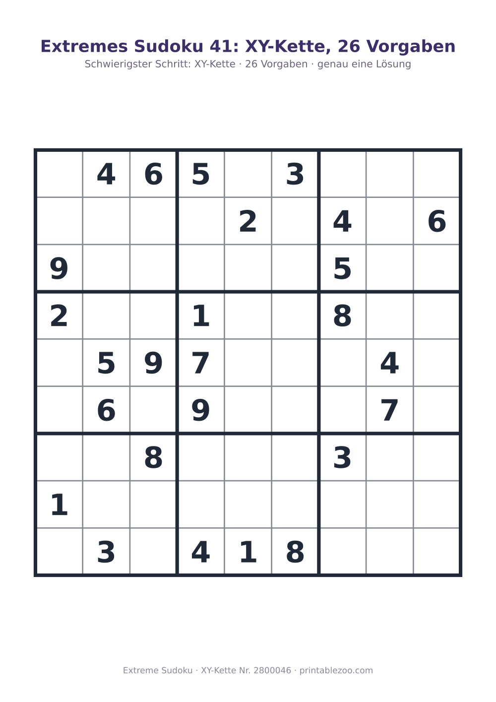 Extremes Sudoku zum Ausdrucken, Stufe XY-Kette, 26 Vorgaben, Rätsel 2800046