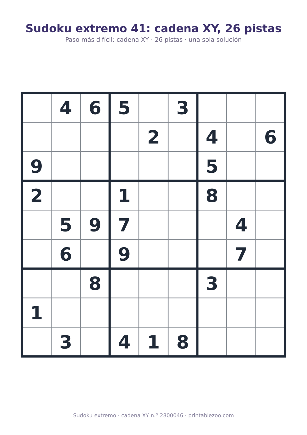 Sudoku extremo para imprimir de nivel cadena XY, 26 pistas, pasatiempo 2800046