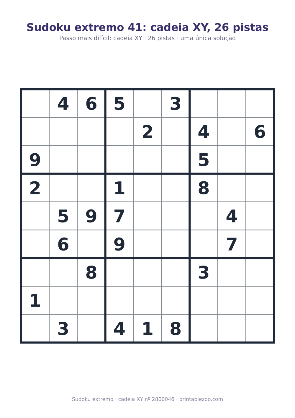 Sudoku extremo para imprimir, nível cadeia XY, 26 pistas, desafio 2800046