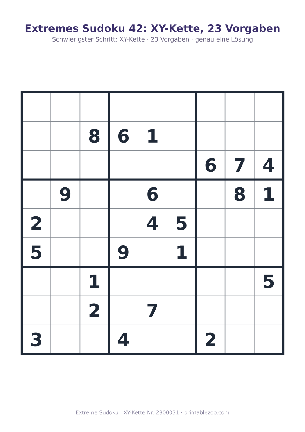 Extremes Sudoku zum Ausdrucken, Stufe XY-Kette, 23 Vorgaben, Rätsel 2800031