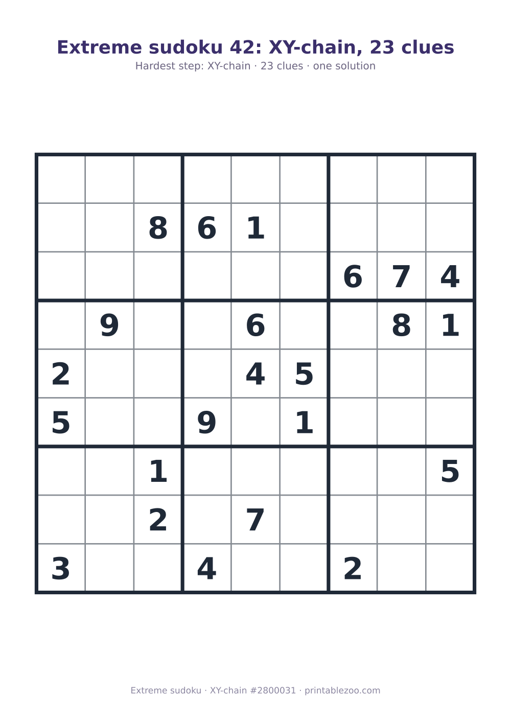 Extreme sudoku printable graded XY-chain, 23 clues, puzzle 2800031