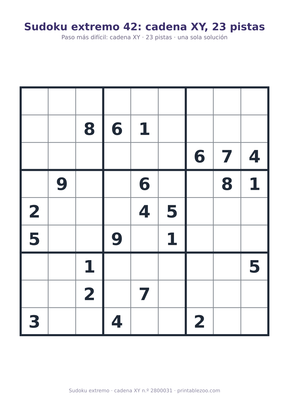 Sudoku extremo para imprimir de nivel cadena XY, 23 pistas, pasatiempo 2800031