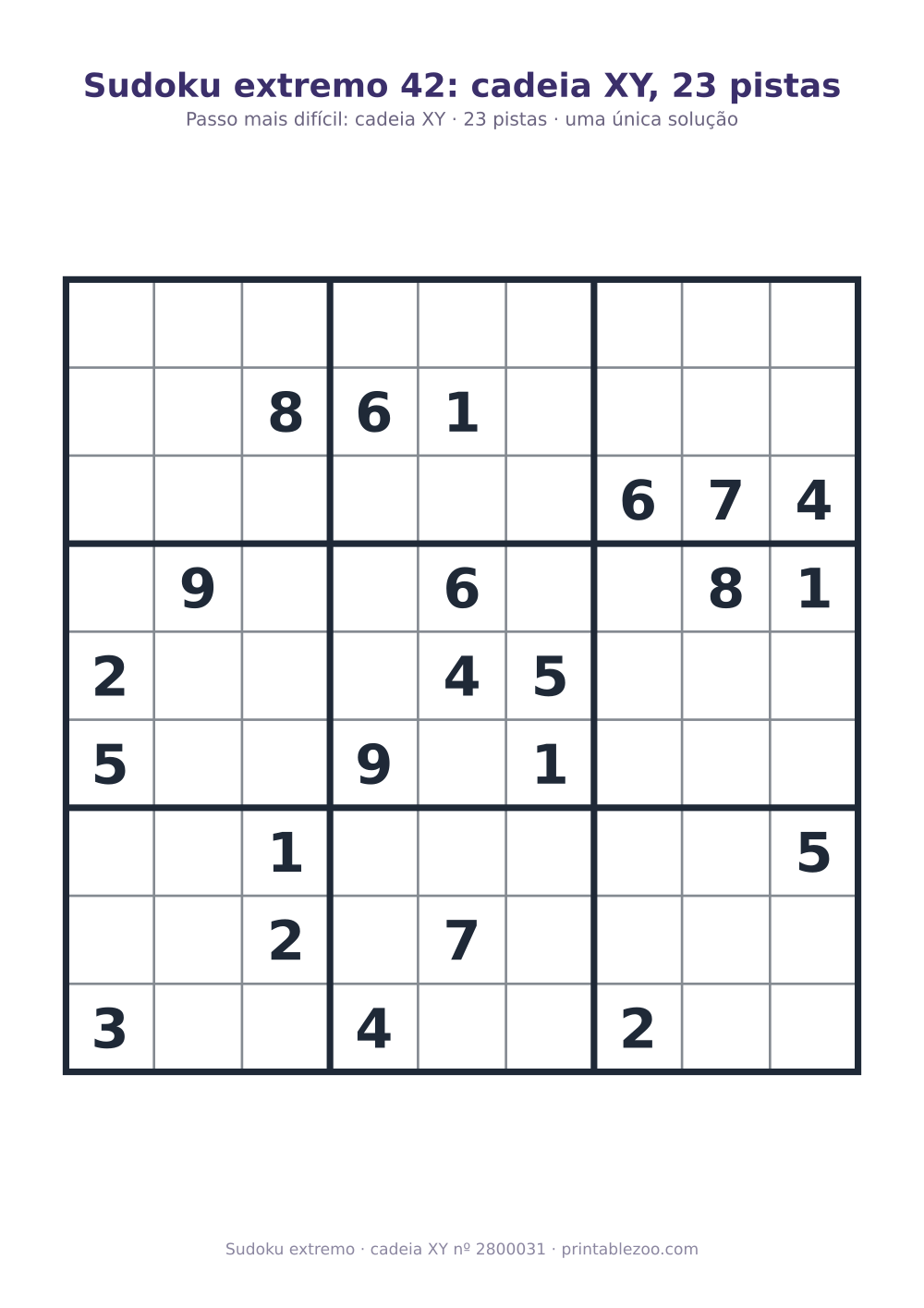 Sudoku extremo para imprimir, nível cadeia XY, 23 pistas, desafio 2800031