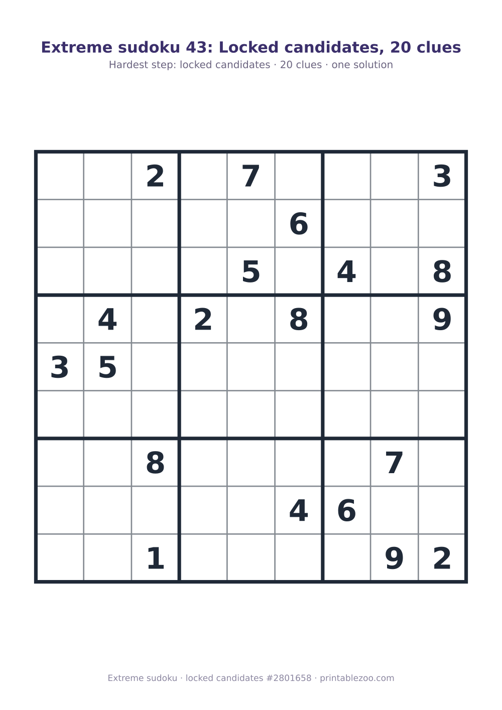 Extreme sudoku printable graded locked candidates, 20 clues, puzzle 2801658