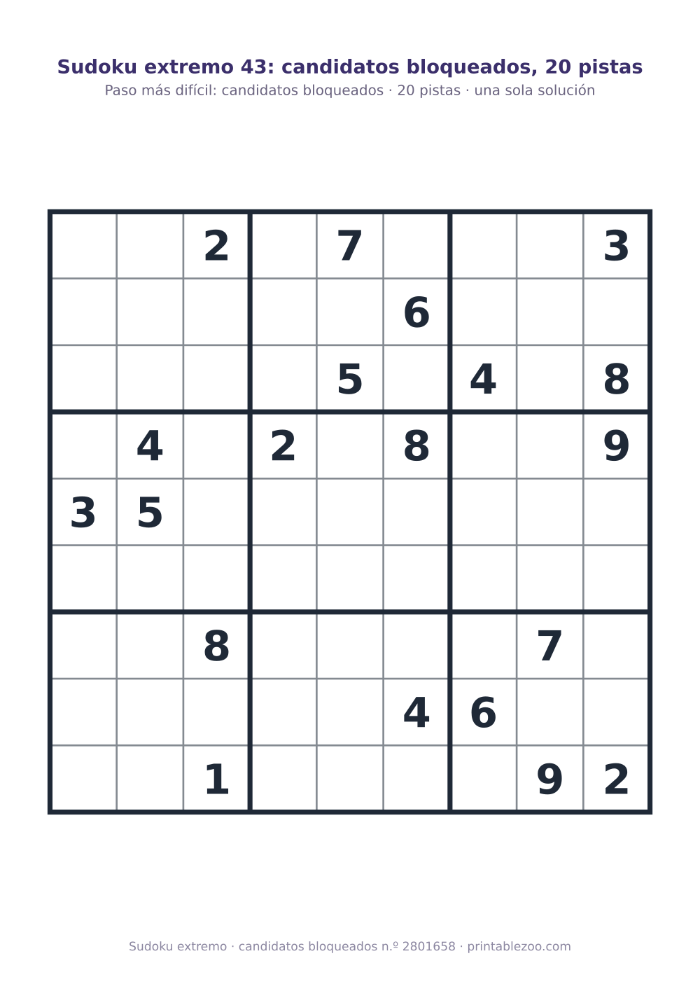 Sudoku extremo para imprimir de nivel candidatos bloqueados, 20 pistas, pasatiempo 2801658