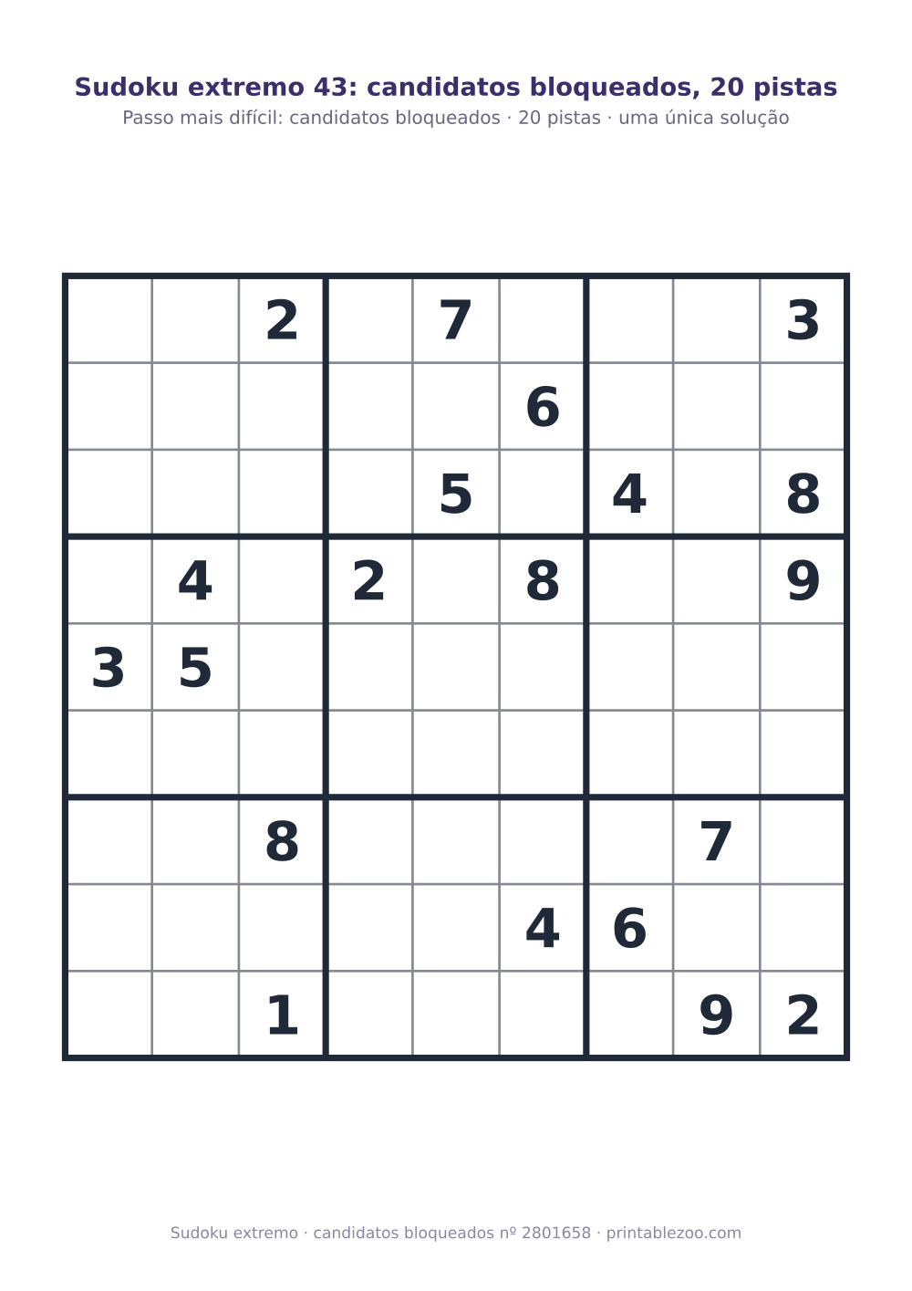 Sudoku extremo para imprimir, nível candidatos bloqueados, 20 pistas, desafio 2801658